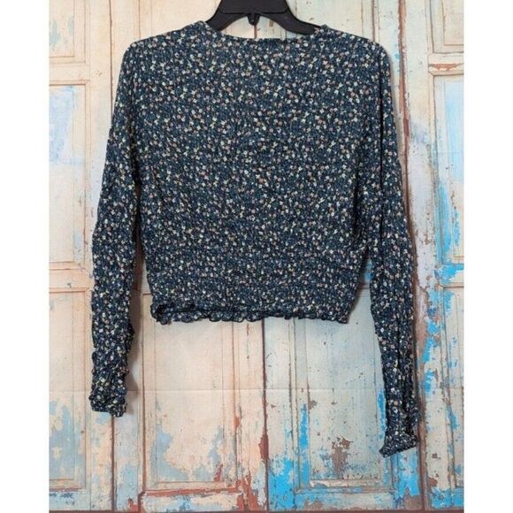 Gypsies & Moondust Womens Large Floral Crop Top Smocked Green Blouse Long Sleeve - Picture 7 of 10